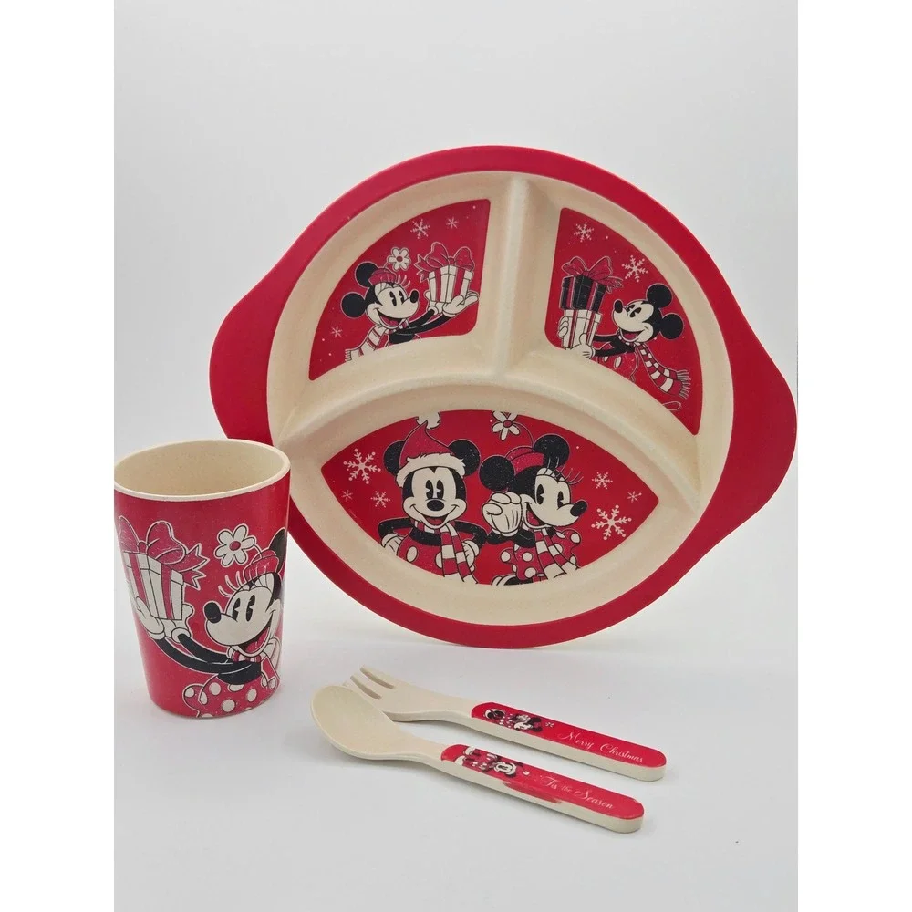 Disney Mickey Minnie Mouse Christmas Bamboo 4pc Kids Dinnerware Set Red Cream